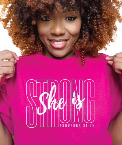 She is strong with white writing