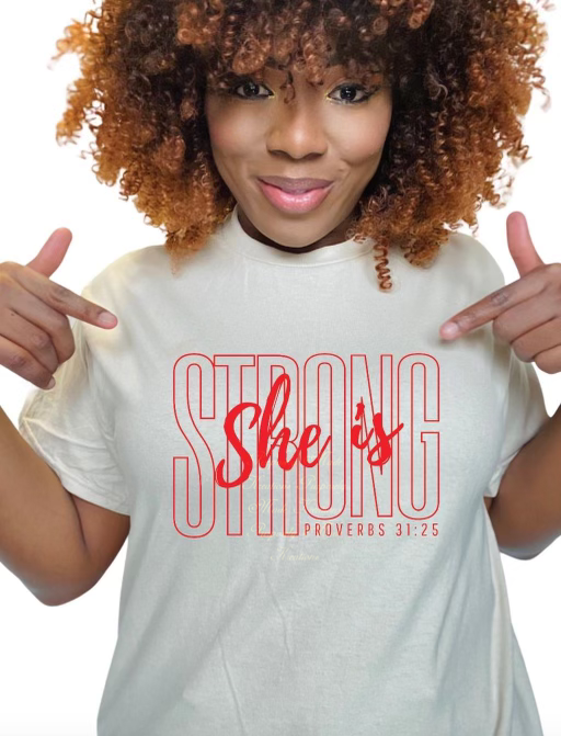 She is strong with red writing